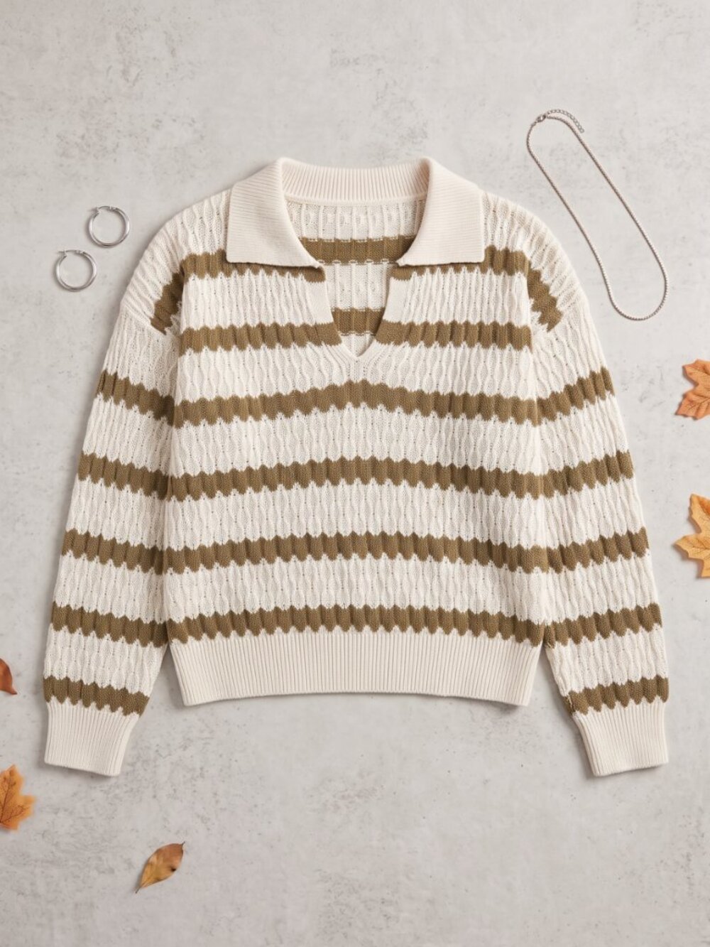 Striped Polo Collar Knit Pullover Sweater 1X Plus Cabincore Coastal Preppy - Picture 5 of 13
